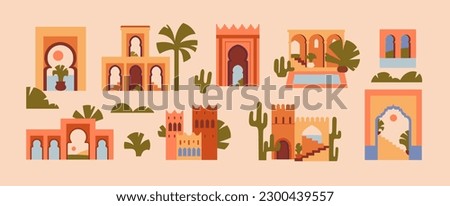 Abstract Morocco architecture set. Moroccan houses decor, building decorations set. Traditional Arab arch doors, windows, gates. Ancient East oriental aesthetic. Flat graphic vector illustrations