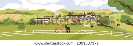 Horse farm, equine ranch with green grass field, animals grazing, rural buildings. Rural landscape, countryside scenery panorama with pasture, stables, stalls and stallions. Flat vector illustration