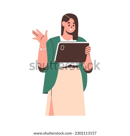 Woman holding tablet PC during online video conference call. Businesswoman, happy business girl greeting smb at virtual internet communication. Flat vector illustration isolated on white background