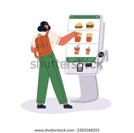 Customer at self ordering kiosk, choosing from fast food menu on screen, digital display on stand machine, buying and paying terminal. Flat graphic vector illustration isolated on white background