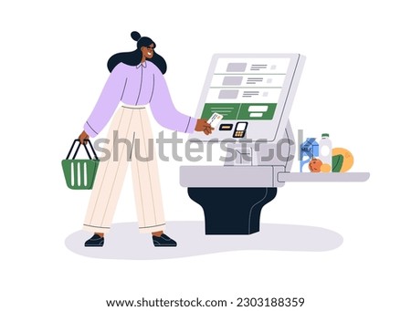 Self-service cashier, checkout terminal in grocery store. Customer buying, paying for goods at kiosk, machine with screen and scanner at shop. Flat vector illustration isolated on white background