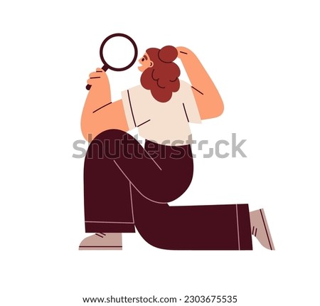 Person searching, checking, inspecting with magnifying glass. Business research concept. Woman investigating, analyzing, holding lens in hand. Flat vector illustration isolated on white background