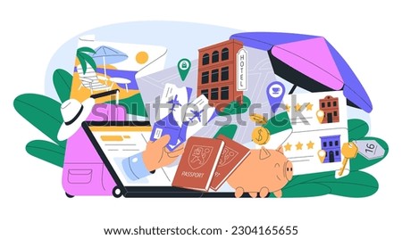 Tourism, travel concept. Tourists services composition. Booking hotel, buying tickets, planning tour, trip, choosing resort online, via internet. Flat vector illustration isolated on white background