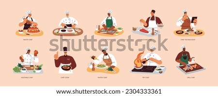 Chef cooks at work. Professional culinary workers cooking gourmet dishes, different food types, meat, fish, vegetables, sauces at restaurant kitchen. Isolated flat graphic vector illustrations