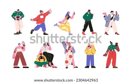 People using mobile phones set. Smartphone users holding cellphones in hands, surfing online, playing, shooting, talking, calling, texting. Flat vector illustrations isolated on white background
