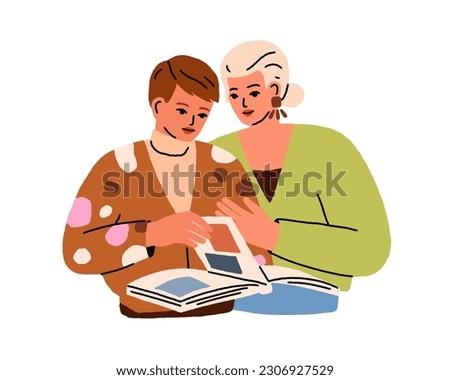 Women friends looking photographs in photo album, paper book. Girlfriends with memory and nostalgia photobook, family archive, photoalbum. Flat vector illustration isolated on white background