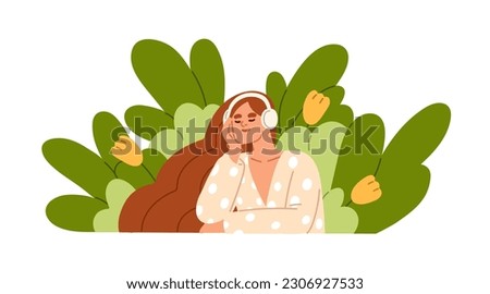 Woman in headphones listening to music, nature sound, audio track. Young happy girl enjoying song, melody, tune in head phones, relaxing, resting. Flat vector illustration isolated on white background