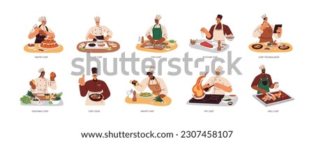 Meat, fish, vegetable and sauces chefs at work in restaurant. Professional cooks, culinary workers preparing, cooking different dishes at kitchen. Flat vector illustration isolated on white background