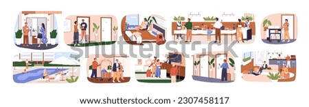 Guests, staff in hotel set. Doorman, porter, maid, concierge, restaurant services. People tourists accommodation, check-in at reception. Flat graphic vector illustration isolated on white background
