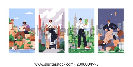 Giant people in city, vertical cards set. Modern urban lifestyle concept. Big huge characters life. Businessman among buildings, gigantic student reading outdoor. Fantastic flat vector illustrations