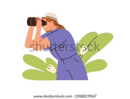 Woman watching, looking through binoculars. Curious surprised amazed shocked girl spying observing, exploring nature on summer holiday. Concept flat vector illustration isolated on white background