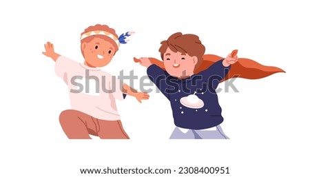 Funny kids playing Indians. Happy joyful little children running, having fun. Preschool boys friends, toddlers during game, activity, amusement. Flat vector illustration isolated on white background