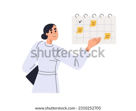 Doctor planning, organizing appointments. Woman nurse setting medical checkups, tests in calendar, schedule, daily planner, timetable. Flat graphic vector illustration isolated on white background