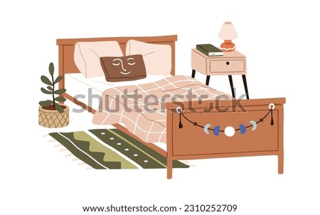 Cozy single bed in modern home bedroom interior. Comfortable pillows, cushions, duvet, blanket, lamp and book on nightstand, rug, potted plant. Flat vector illustration isolated on white background