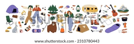 Camping, hiking items set. Summer travel and picnic stuff. Tourism and adventure accessories. Camera, holiday backpack, campfire, trailer. Flat graphic vector illustration isolated on white background