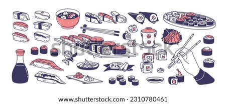 Japanese sushi set. Asian Japan food. Maki, uramaki rolls, nigiri, temaki snacks. Asia meal, traditional dishes with rice, salmon, sauce. Flat graphic vector illustration isolated on white background
