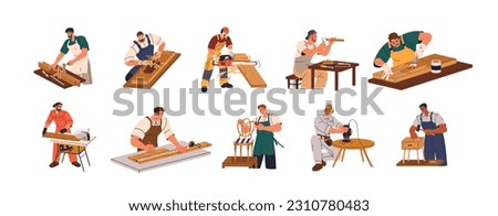 Woodwork, carpentry set. Carpenters, joiners work with wood, timber, carving, processing, sawing, making wooden furniture with tools. Flat graphic vector illustrations isolated on white background