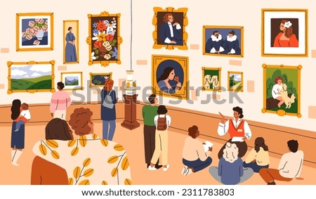 Visitors in fine art museum. People, children at exhibition in picture gallery. Tourists looking at traditional classic framed paintings, displayed exposition on walls. Flat vector illustration