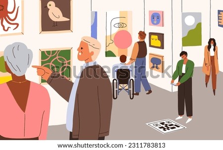 Visitors in modern art gallery. People looking, watching contemporary paintings, pictures on wall in trendy museum hall. Visiting abstract artworks exhibition, exposition. Flat vector illustration