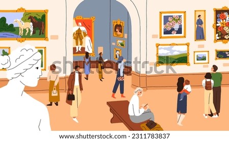 Visitors at Art gallery, famous paintings exhibition. People visiting picture museum, looking at exhibited exposition, displayed framed artworks, historic heritage on walls. Flat vector illustration