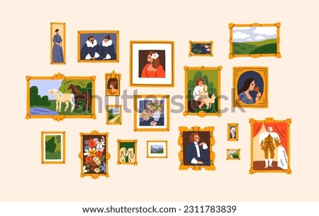 Framed pictures, family history, memories on wall. Multiple medieval paintings, historic portraits, landscapes in gallery exhibition. Old nostalgic memorable moments. Flat vector illustration