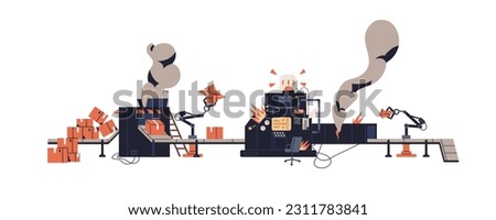 Factory emergency, manufacture accident, breakdown. Broken machine in smoke, fire at workshop. Industry equipment problem, unsafe production. Flat vector illustration isolated on white background