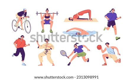 Different physical activities, do sports set. People cycling, jogging, swimming, exercising, playing tennis, basketball, running. Flat graphic vector illustrations isolated on white background.