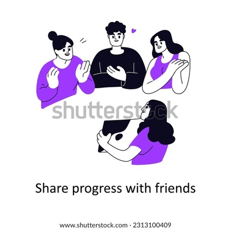 Sharing progress, success with friends for support and appreciation. Recognition, admiration, praise concept. Showing achievements. Flat graphic vector illustration isolated on white background.