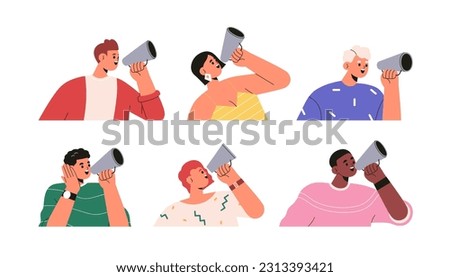 People with bullhorns in hands set. Men, women holding loudspeakers, speaking, announcing news, alert, promoting message with megaphone. Flat graphic vector illustrations isolated on white background