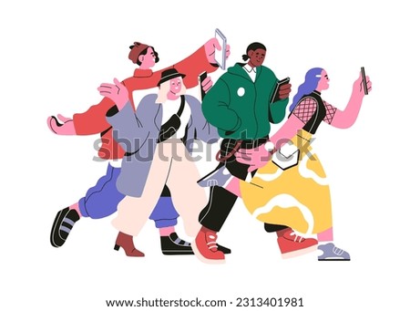 Mobile phone users. People hold smartphones in hands, hurrying to take photo, video content. Online bloggers. Internet addiction concept. Flat graphic vector illustration isolated on white background