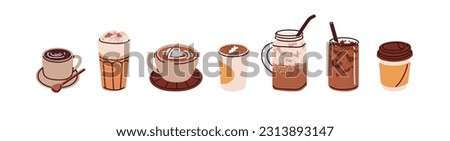 Hot and cold coffee beverage. Different types of drinks set. Espresso, americano cup, cappuccino and latte in paper mug, iced macchiato in glass. Flat vector illustrations isolated on white background