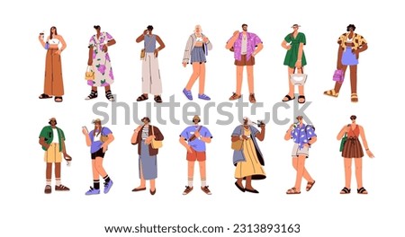 People wearing fashion outfits, casual summer clothes. Young stylish men, women standing in trendy apparels, modern dresses, shorts. Flat graphic vector illustrations set isolated on white background