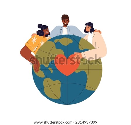 Volunteers community, unity with love to Earth planet. World nonprofit organization, international donation, solidarity and care concept. Flat graphic vector illustration isolated on white background