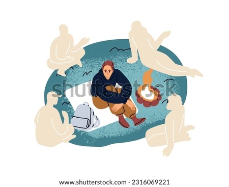 Lonely person missing left departed friends. Alone man recollecting time together with people. Friendship loss, death, memory concept. Flat graphic vector illustration isolated on white background