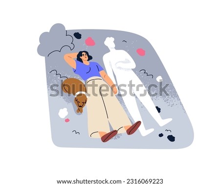 Missing departed dead husband, lost left love partner. Sad woman recollecting, remembering, imagining spouse. Couple loss, death concept. Flat graphic vector illustration isolated on white background