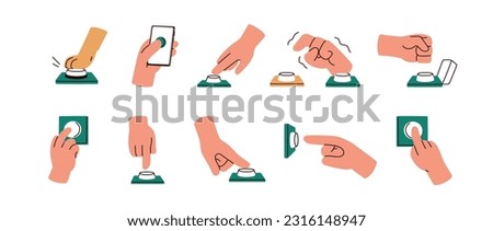 Hands pushing, pressing button set. Fingers, fist touching, hitting, activating, turning on, switching off. Launch, start, control concept. Flat vector illustrations isolated on white background