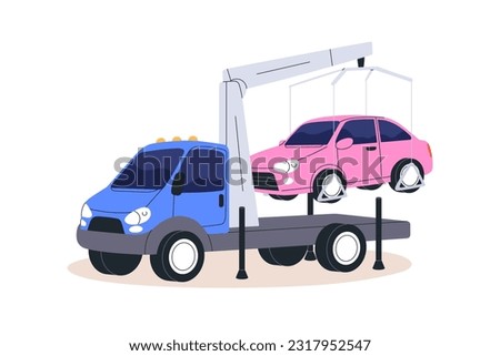 Tow truck picking up car. Wrecker moving wrong parked or damaged auto. Towing service help for transport vehicle after road accident, breakdown. Flat vector illustration isolated on white background