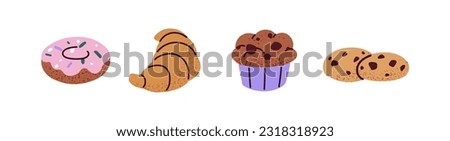 Different yummy pastry desserts set. Delicious fresh donut, croissant, cupcake, chocolate chip cookies. Tasty sweet baked food, muffin, biscuits. Flat vector illustrations isolated on white background