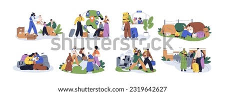 Migration concepts set. People choosing country for moving, passing control, waiting at border. Migrants get help or asylum in refugee camps. Flat vector illustrations isolated on white background