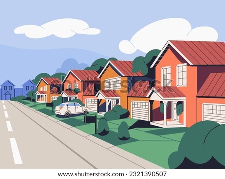 Suburban houses, residential real estate in suburbs. Homes in suburbia, city outskirts. Small town street with semi-detached buildings, dwelling property, garages, lawn, road. Flat vector illustration