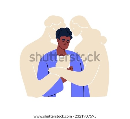 Person missing departed dead parents. Orphan thinking, remembering lost gone mother, father, their love and support. Loss, death concept. Flat graphic vector illustration isolated on white background
