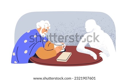 Old man widower in despair after wife death. Senior person, unhappy mourning husband missing love couple, left gone departed woman, spouse. Flat vector illustration isolated on white background