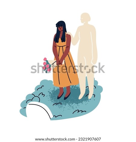 Sad daughter coming to mothers tomb, grave with flowers. Woman missing dead lost mom, departed parent at cemetery. Person mourning after loss. Flat vector illustration isolated on white background