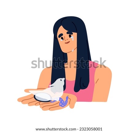Pet owner missing departed dead parrot. Sad upset crying mourning woman remembering, reminding lost bird soul, feeling misery, grief. Flat graphic vector illustration isolated on white background