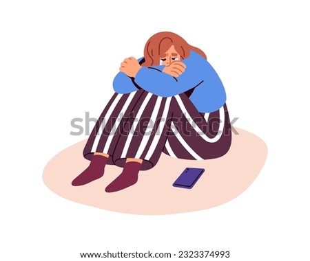 Sad depressed woman in tears, weeping, sobbing in despair. Upset frustrated tearful person in bad mood with mobile phone, waiting for call. Flat vector illustration isolated on white background