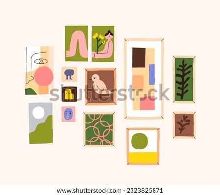 Framed pictures hanging on wall. Interior art, drawings in modern contemporary style. Multiple trendy abstract artworks composition, arrangement. Home decoration. Flat vector illustration