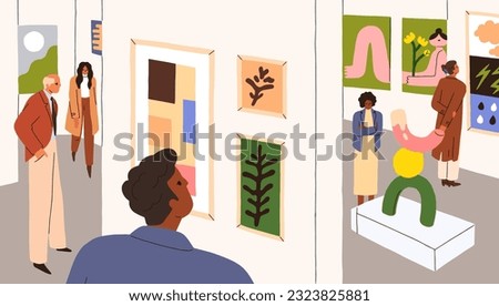 People visiting modern art gallery. Visitors looking at abstract contemporary pictures, framed drawings, abstractions, sculptures in trendy style at exhibition, exposition. Flat vector illustration