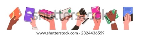 Hands holding, giving, sharing paper books set. Taking, recommending fiction and study literature for reading, school textbooks, dictionaries. Flat vector illustrations isolated on white background