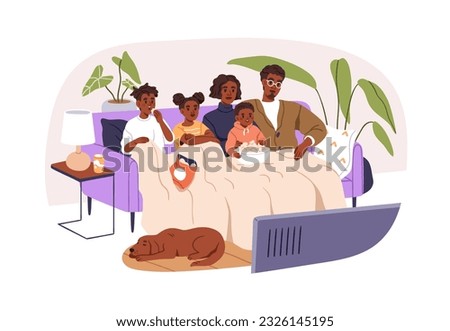 Happy black people family, parents, children watching TV, movie together. African-American mother, father, kids at television at leisure. Flat graphic vector illustration isolated on white background