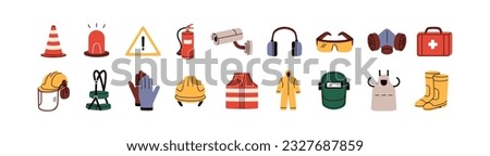 Safety, security icons set. Work helmet, gloves, vest, cone, alarm signs. Caution, warning symbols for personal occupational protection. Flat graphic vector illustrations isolated on white background